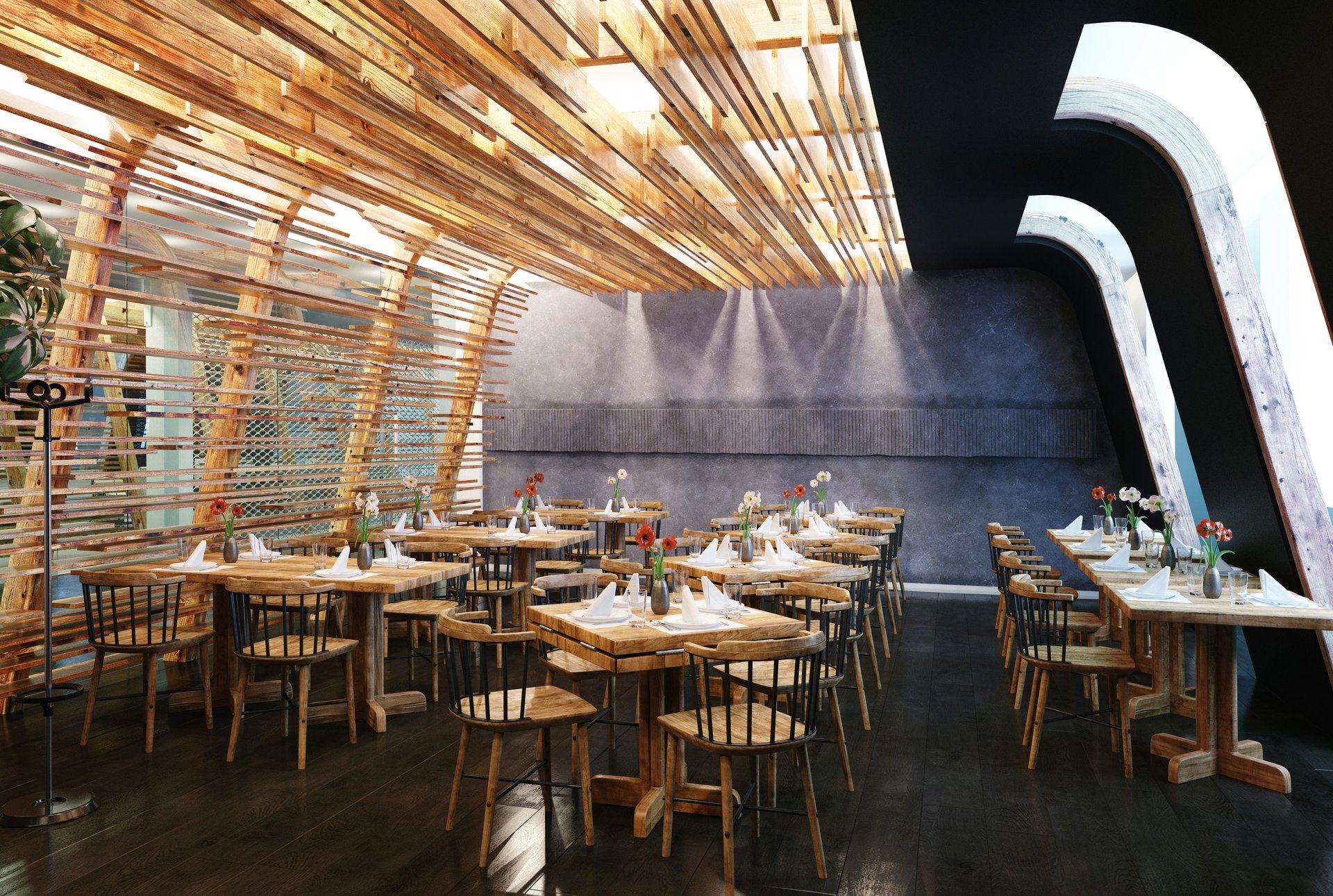 Modern restaurant interior with wooden architectural design. Empty dining room with tables set for service.