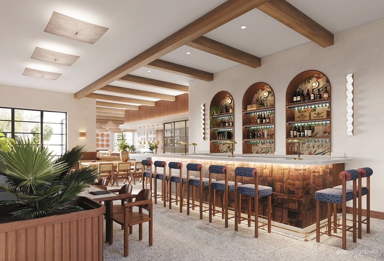 Modern home bar with wooden counter, bar stools, and arched shelving displaying bottles, accented by exposed beams and plant décor