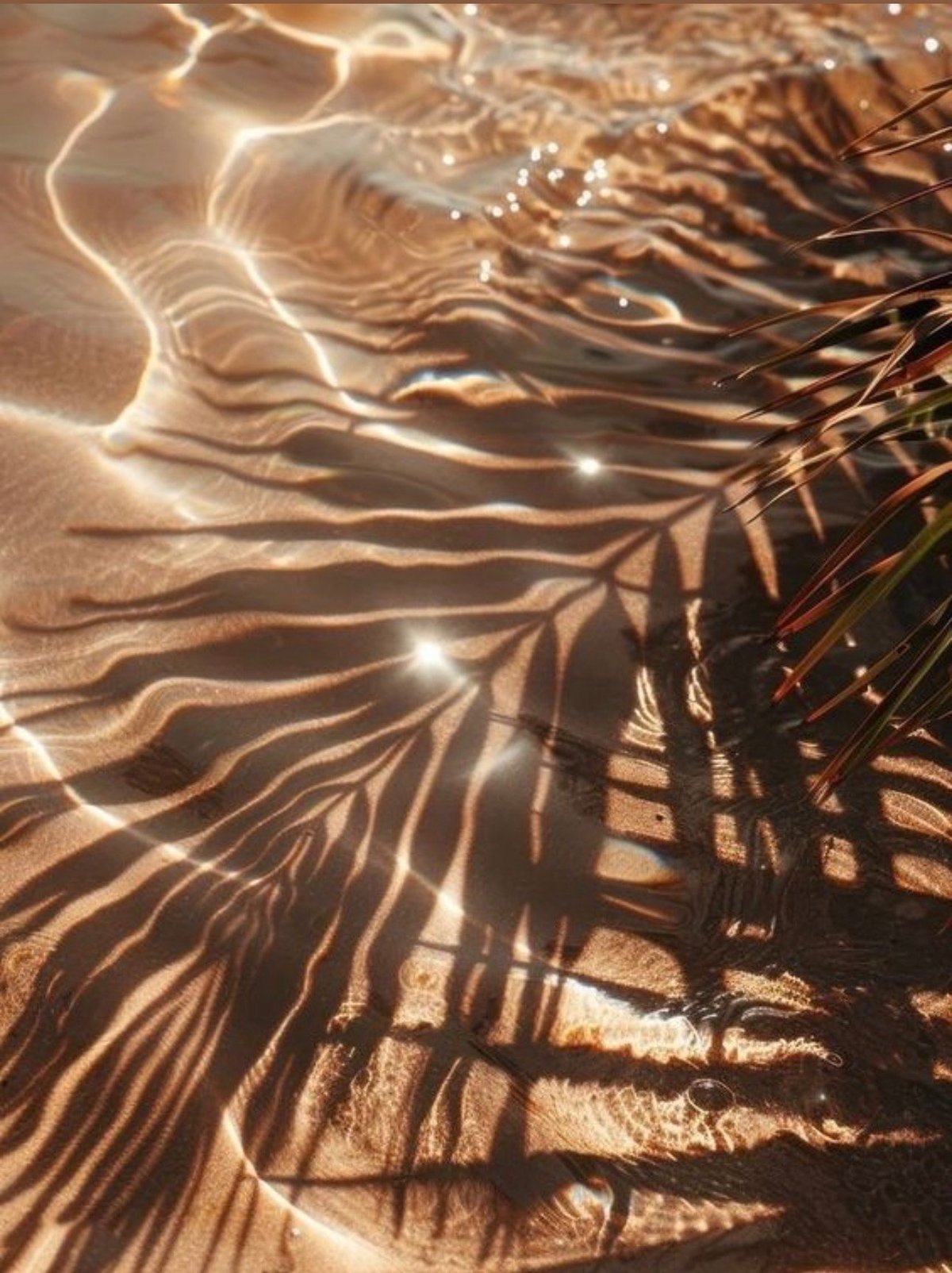 Shadow patterns of palm fronds cast on sandy beach with rippling water reflections and sunlight creating striped texture