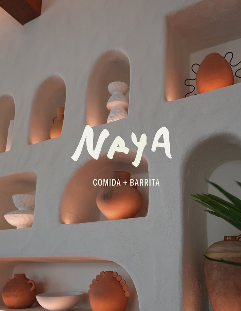 Naya Comida + Barrita restaurant storefront with terracotta pottery displayed in architectural niches and ambient orange lighting