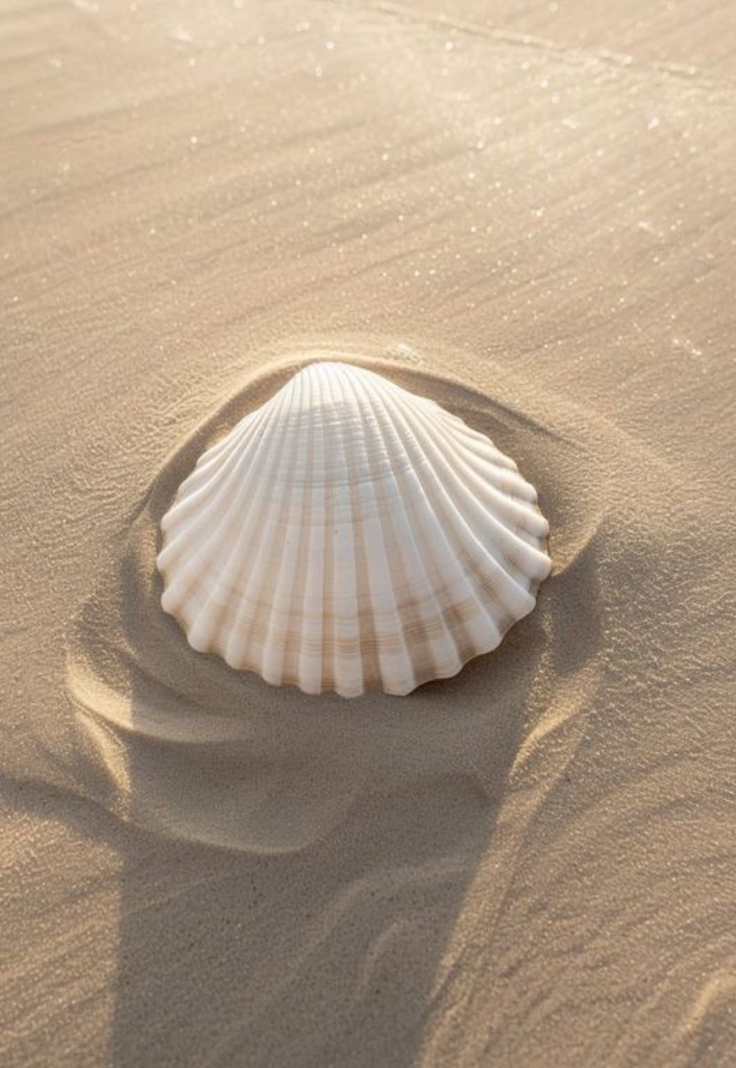 White seashell resting on sandy beach with rippled sand patterns and shadows